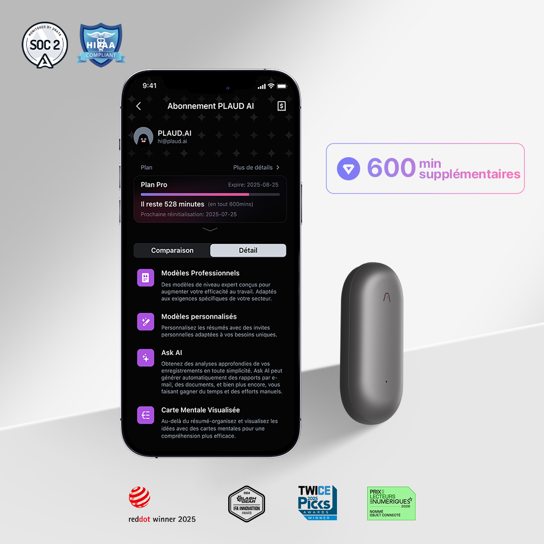 PLAUD NotePin & 600 minutes Quota de transcription