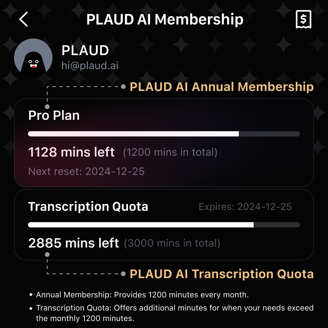 Abonnement annuel Pro & Quota de Transcription PLAUD AI