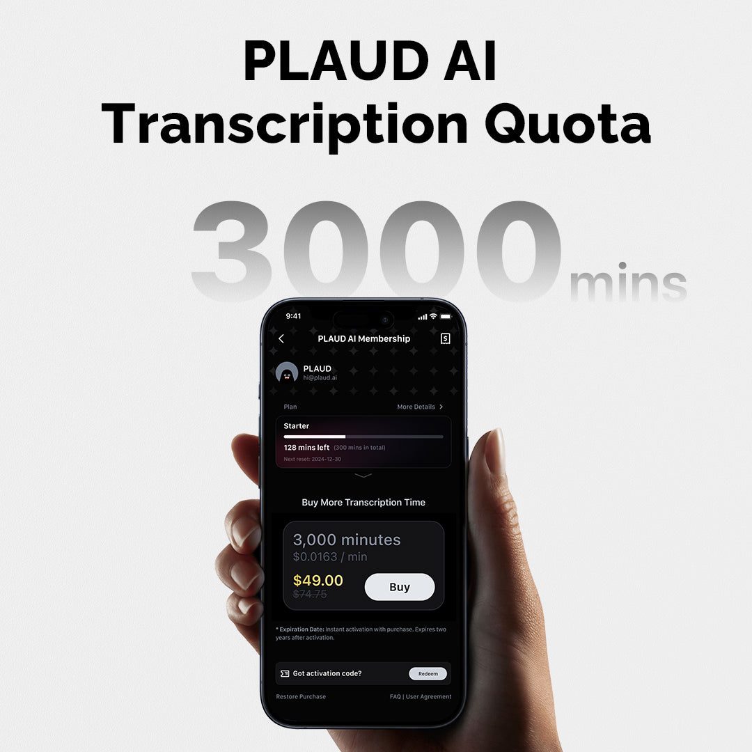 Abonnement annuel Pro & Quota de Transcription PLAUD AI