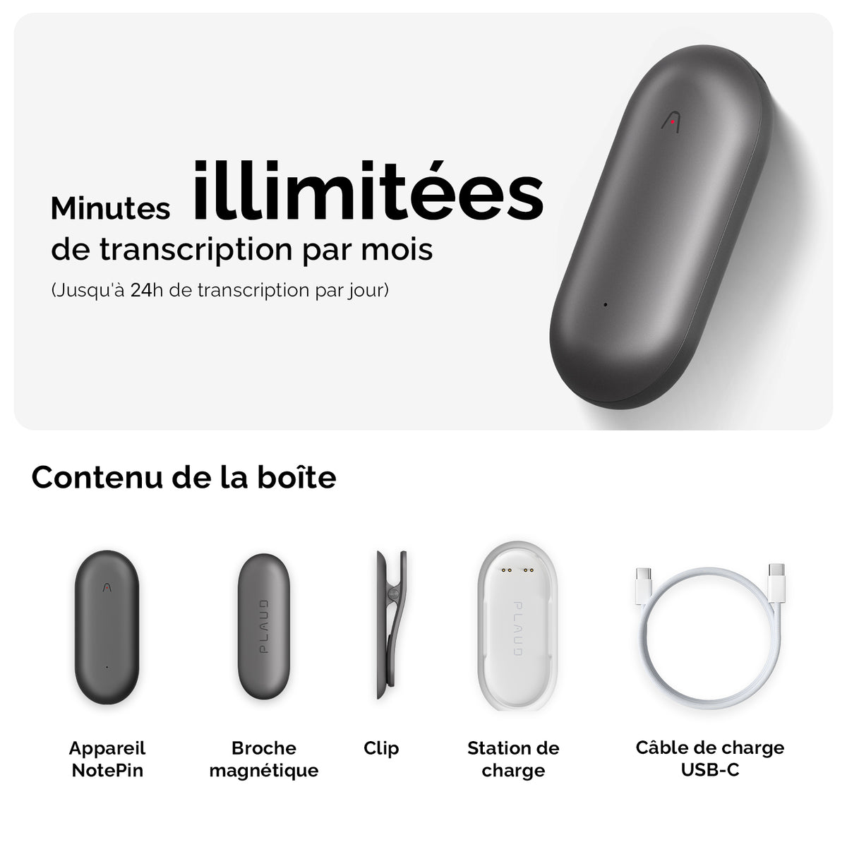 PLAUD NotePin et abonnement annuel à l’IA Plan annuel illimité