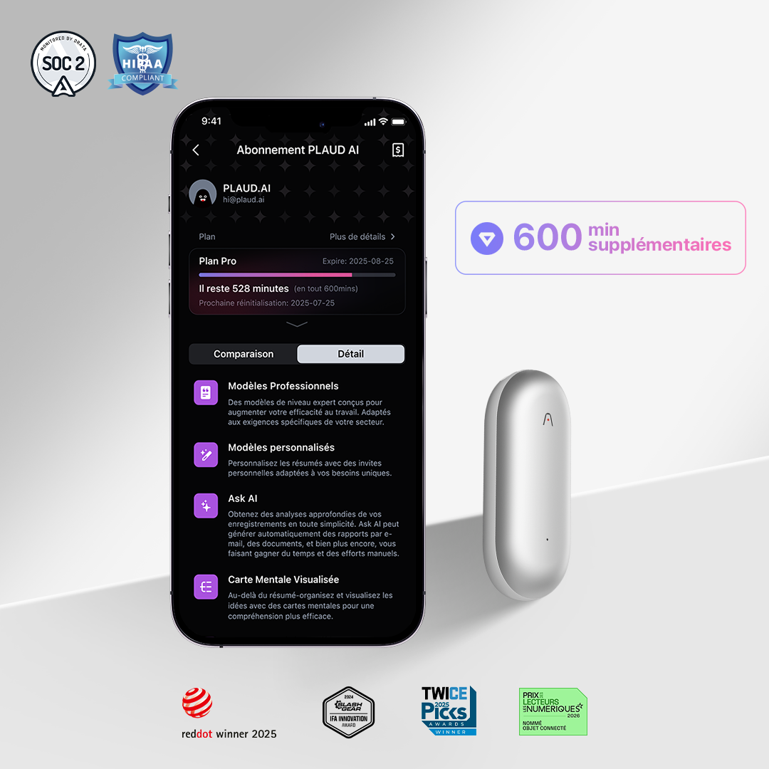PLAUD NotePin & 600 minutes Quota de transcription